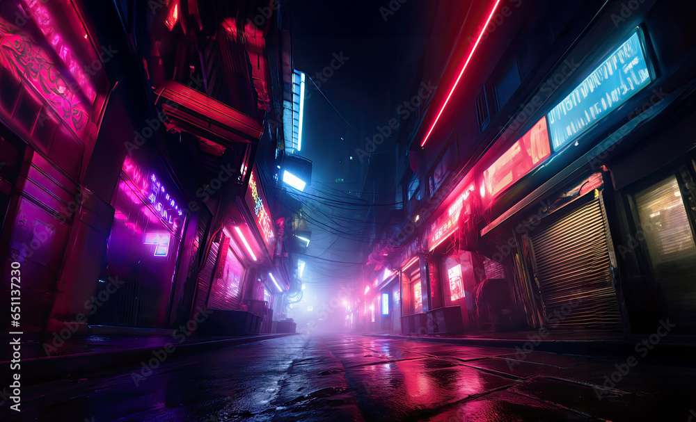 Cyber Tokyo neon street. A rainy night in a slepless Dystopic future city, full of billboards and cars. Advanced technological metropolis with a Blade runner feeling.