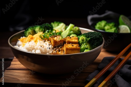 Asian vegan bowl with rice broccoli and fried tofu. Generative AI.