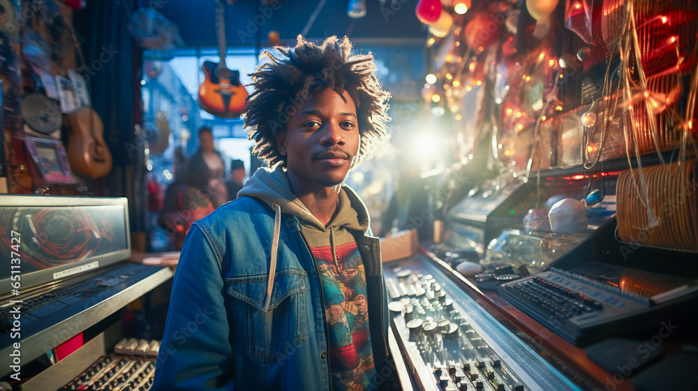 Young man standing at a front of music store, AI generated