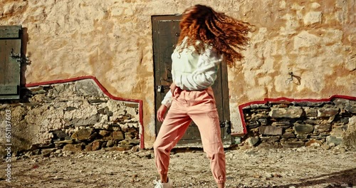 Happy, woman and dancing in the street with hip hop, music and freedom in Brazil with streetwear, fashion or gen z style. Dancer, energy and creative performance mockup in summer with happiness