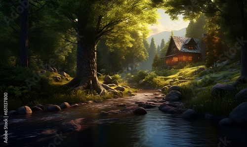 lonely wooden house in the riverside forest, ai generative photo