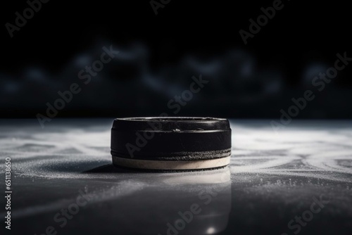 Ice hockey puck on rink with empty space for winter team sport. Generative AI