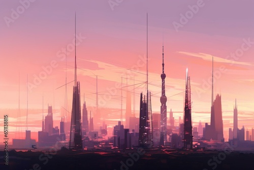 An artistic rendering of a modern skyline with fluorescent tall buildings and advanced communication towers set against a serene sky. Generative AI