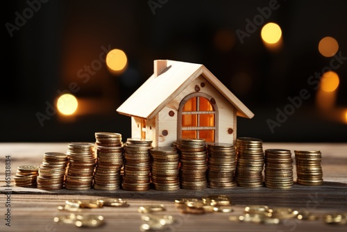 Wood House with stacks of coins and a rising curve symbolizing rising real estate prices, saving, profit and growth concepts.