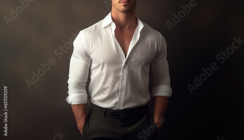 Full length portrait of an attractive young man in white shirt and pleated pants. with brown background isolated