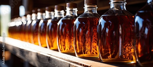 Maple syrup bottles on a rack in a small New Hampshire farm facility photo