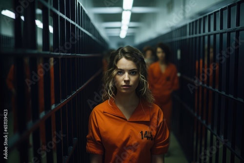 One female prisoner in orange uniform stands behind metal bars
