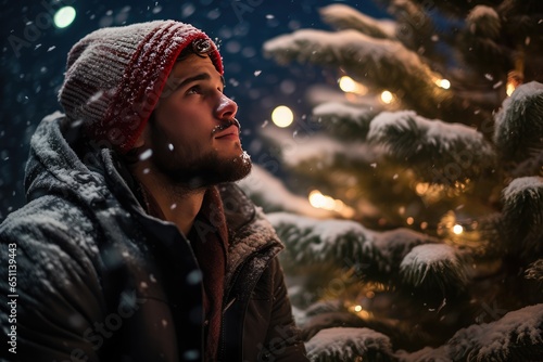 Photo of a 30 year old man in the snow looking at a Christmas tree,