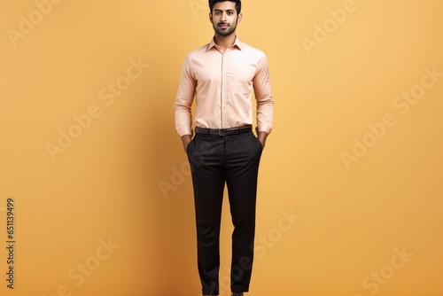 SouthAsian office man with light solid color backgroud, black pant court