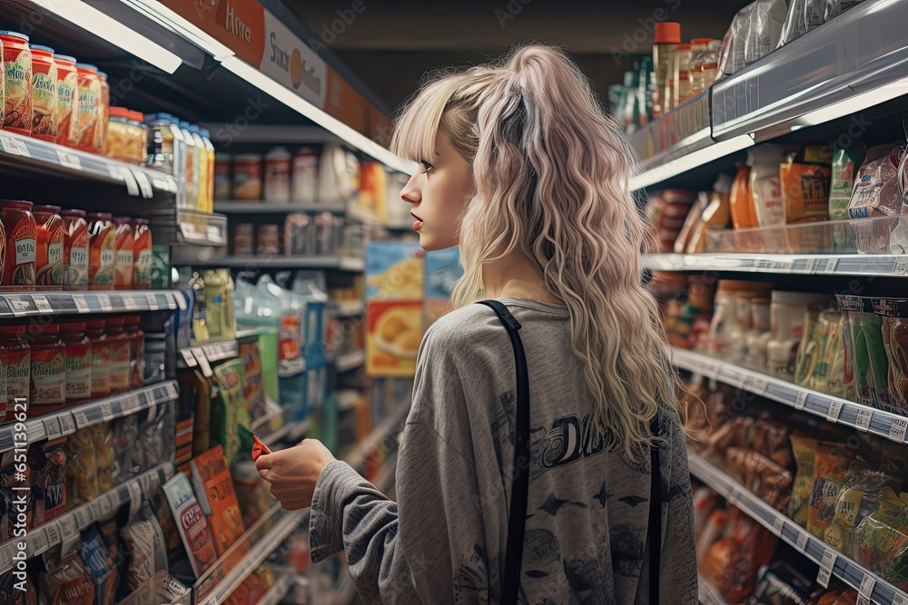A young blonde woman is shopping at a grocery store. A young woman checks the list of necessary products in a grocery or supermarket with a sale and discounts on branded products.