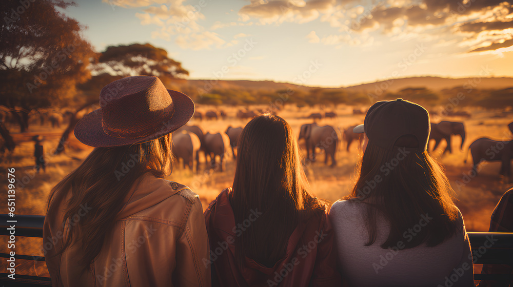 Young womens looking at herd of elephants in field at sunset