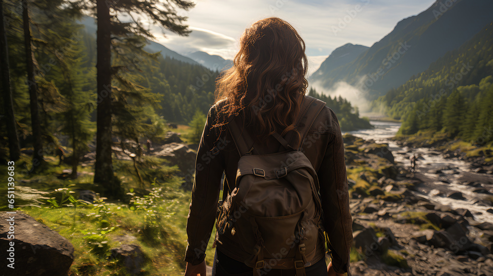 A young woman with a backpack stands on the edge of a mountain river in the rays of the setting sun.