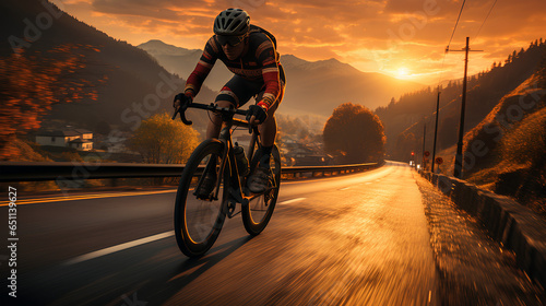 Cyclist Riding the Mountain Road at Sunset. Extreme Sport Concept.