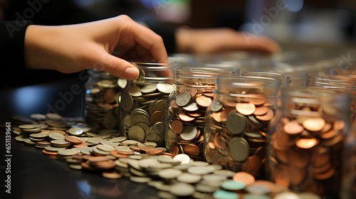 Woman putting coins into glass jar on table, closeup. Money savings