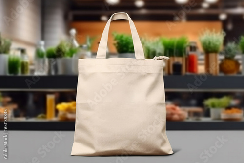 Mockup shopper tote bag handbag on supermarket mall background. Copy space shopping eco reusable bag. Grocery tote-bag accessories. Template blank cotton material canvas cloth. Tote bag mockup.