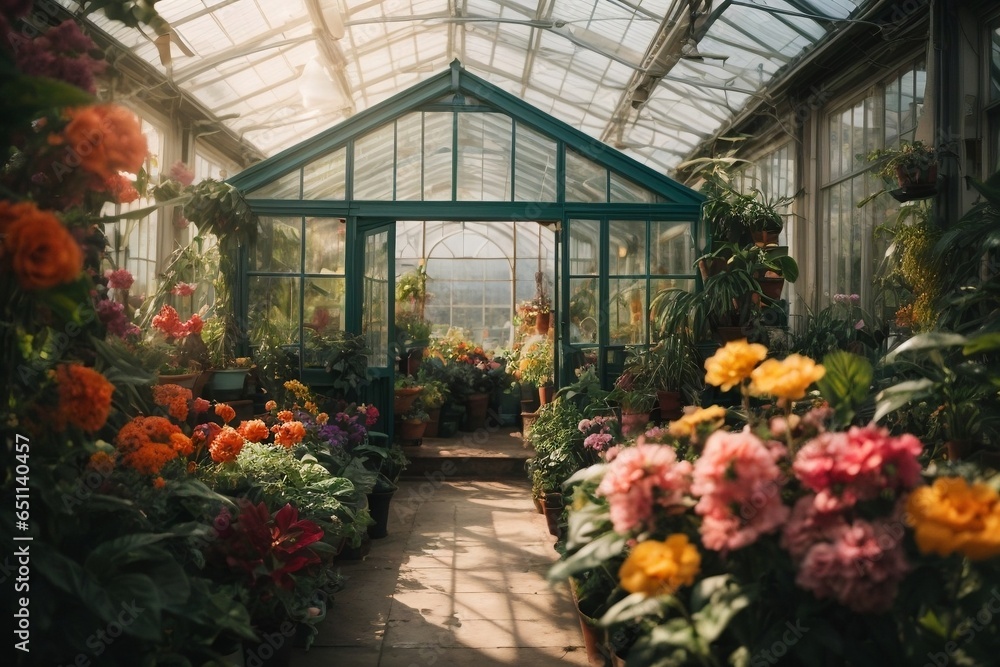 Tropical garden in a greenhouse with flowers and plants in pots Tropical garden in a greenhouse with flowers and plants in pots