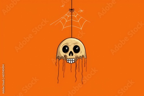 Halloween funny comedy drawing  skull hanging on a spider web orange background.