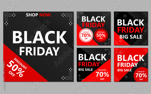 a set of black friday banners with red and black geometric shapes. photo