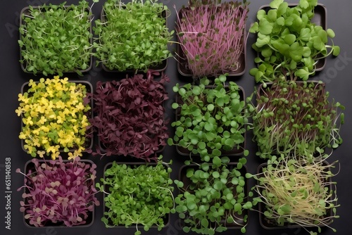 Collage of different microgreens. Set of colored micro plants, top view. Generative AI.