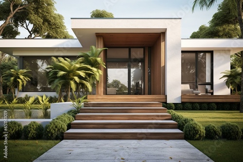 3D rendering and composite image of a contemporary house entrance for a single-family home with a front yard. Generative AI