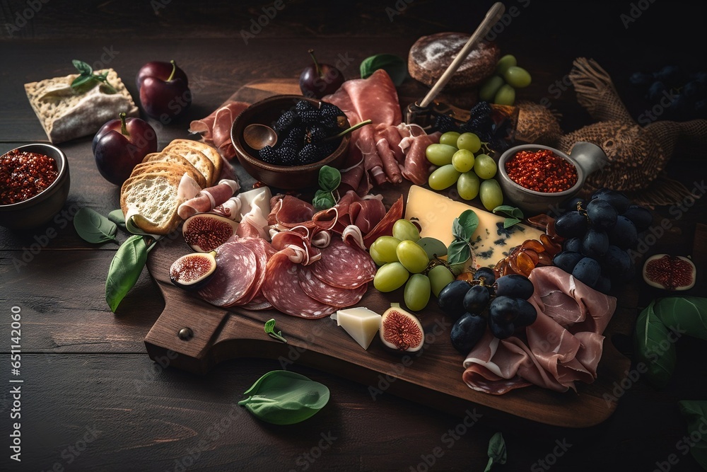 Top view of Charcuterie board of cold meats and cheeses with fruit and