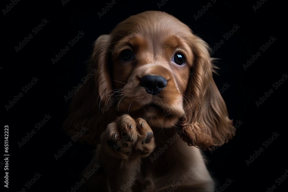 Portrait of a young cocker spaniel on a dark background. Generative AI.
