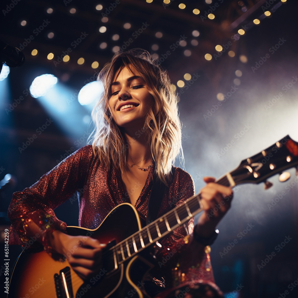 Obraz premium Female Musician playing her guitar for a large crowd