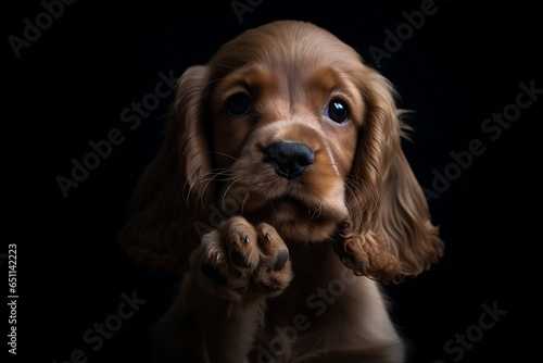 Portrait of a young cocker spaniel on a dark background. Generative AI.