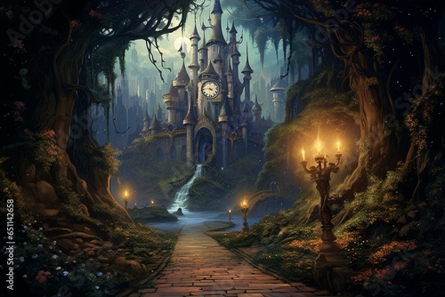 Illustration depicting a fairy tale castle road  midnight clock  and magical shoe for Cinderella in an acrylic painting. Generative AI