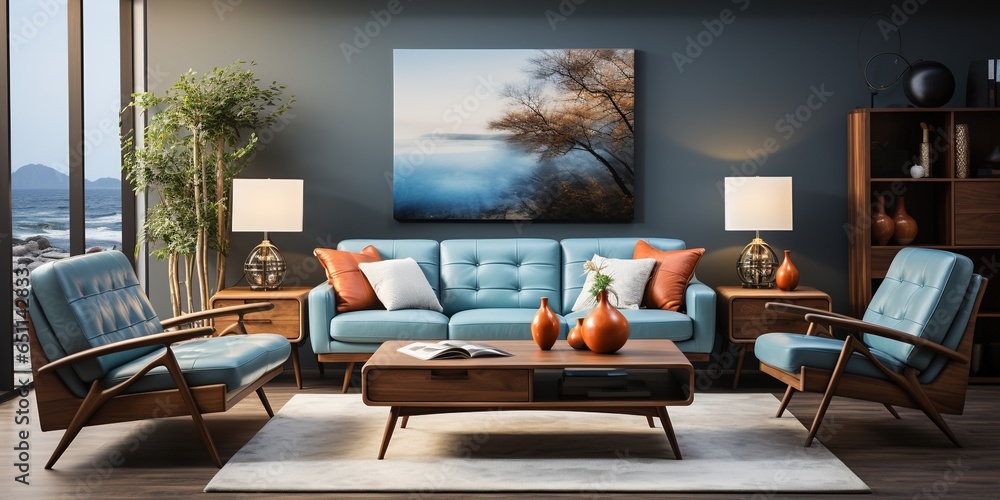 Mid - century style home interior design of modern living room. White sofa and blue leather chairs near wooden coffee table Mid - century style home interior design of modern living room. White sofa and blue leather chairs near wooden coffee table