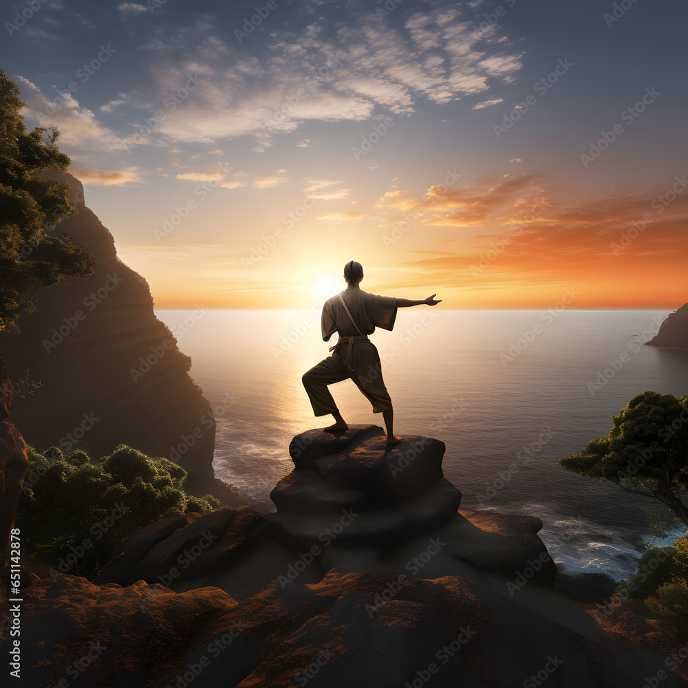 Yoga Adventurer Stands Triumphantly Atop a Rock Formation Overlooking a Serene Lake, Bathed in the Golden Glow of a Fiery Sunset