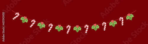 Mistletoe and Candy Cane Garland Vector Illustration, Christmas Graphics Festive Winter Holiday Season Bunting