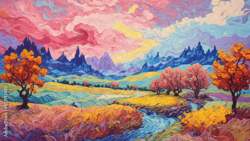 oil painting  Idyllic mountain landscape in the blooming meadows with river  with sunlight  colorful  painting in the style of Vincent Van Gogh. generative ai