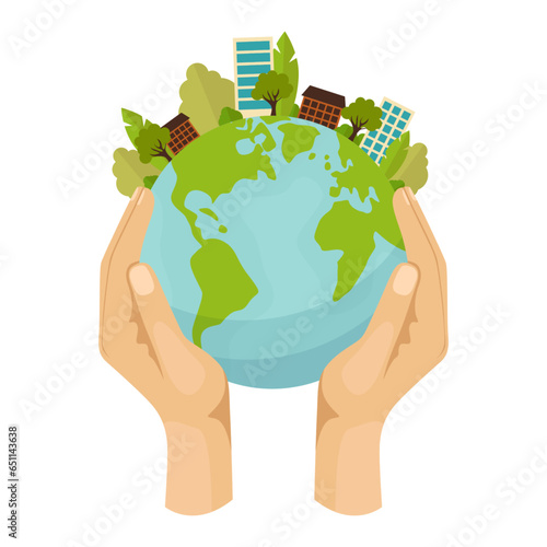 Save planet hands. Cartoon human hands hold different ecological symbols and elements, environment protection signs. Protection with Hand Taking Care of Green Planet