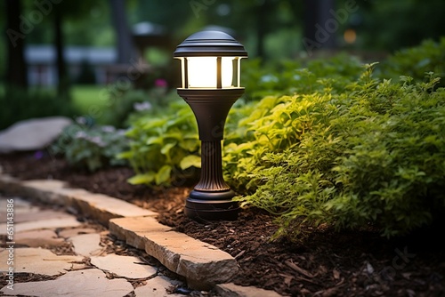 Closeup of a garden bollard light in an outdoor setting. Generative AI photo