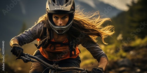 Mountain biking woman riding on bike in summer mountains forest landscape