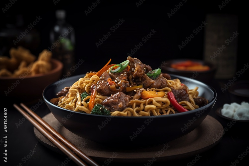 Asian stir fried noodles with beef pepper. Generative AI. Asian stir fried noodles with beef pepper. Generative AI.