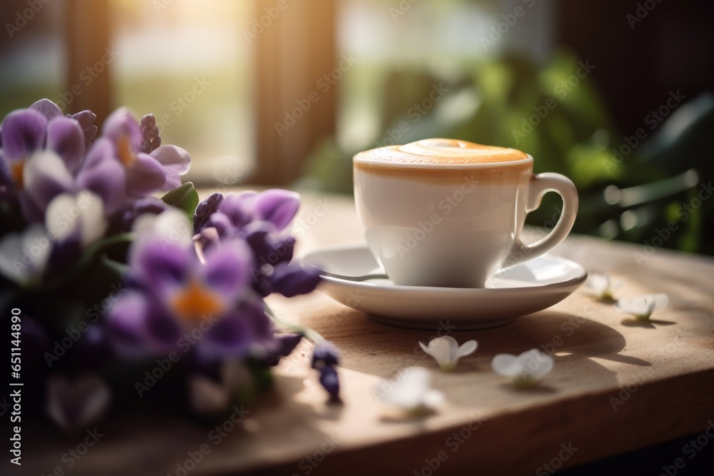 Cappuccino on wooden table with spring flower sunny background. Generative AI.