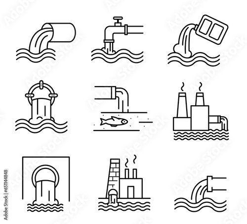Waste water and sewage line icon set. Pollution line icon. Water treatment icon set. Editable stroke.