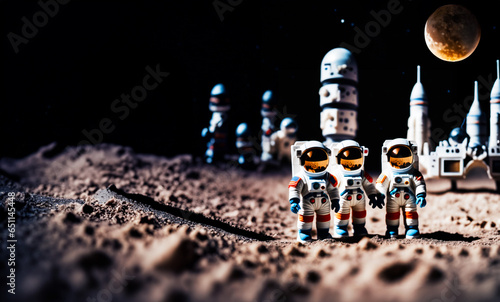astronauti giocattolo nella tuta spaziale in posa sulla superficie di un pianeta alieno, base spaziale come sfondo photo