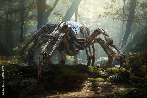Image of tarantula gundam robot technology an ectronic in the forest. Insect. Generative AI  Illustration.