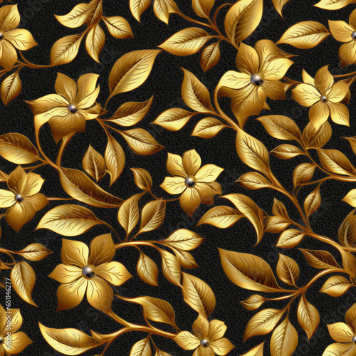 Floral texture golden with swirling Gold leaf elements seamless pattern  AI Generated