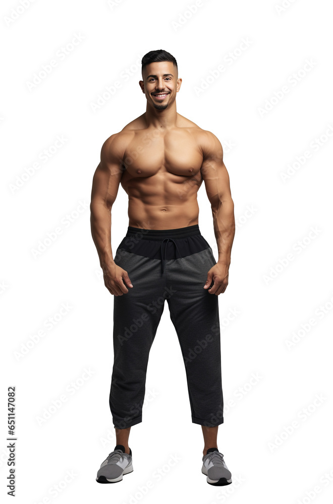 Fototapeta premium Muscular athletic happy man, a fit strong bodybuilder isolated on transparent white background