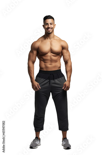 Muscular athletic happy man, a fit strong bodybuilder isolated on transparent white background