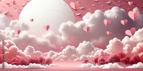 Pink sky and paper cut clouds. Place for text. Happy Valentine's day sale header or voucher template with hearts. Rose cloudscape