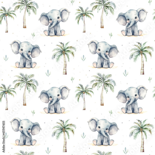 Watercolor children's seamless pattern with cute elephants and palm trees isolated on white background.