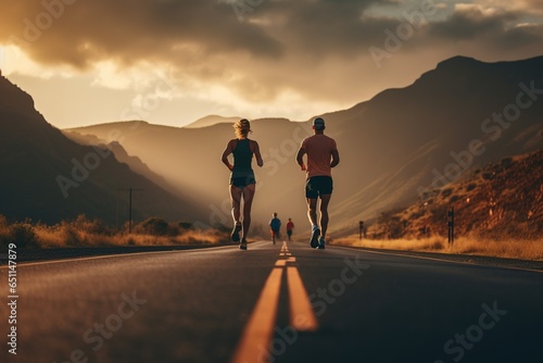 Athletes running on the road in the morning, sunrise training for a marathon, and fitness Runners with healthy lifestyles exercising outdoors.