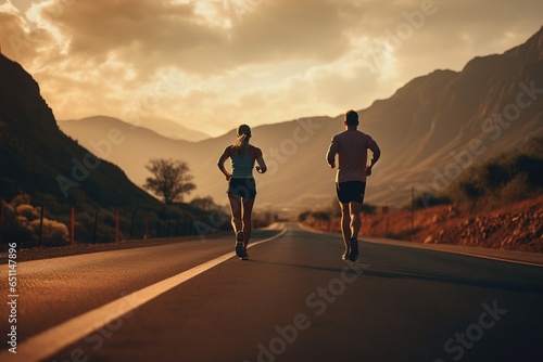 Athletes running on the road in the morning, sunrise training for a marathon, and fitness Runners with healthy lifestyles exercising outdoors.