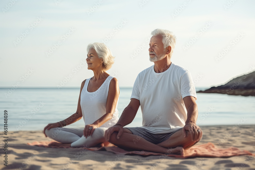 pareja de hombre y mujer mayores haciendo yoga en la playa en día de verano - obrazy, fototapety, plakaty 