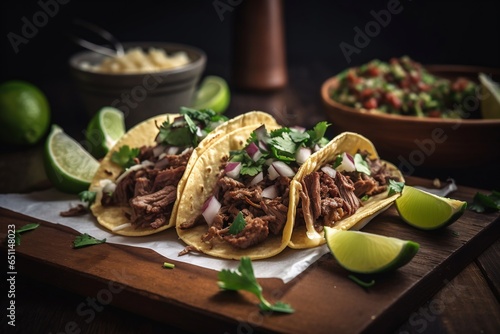 Carne asada mexican street tacos on dark background. Copy space for ad, banner menu recipe. photo